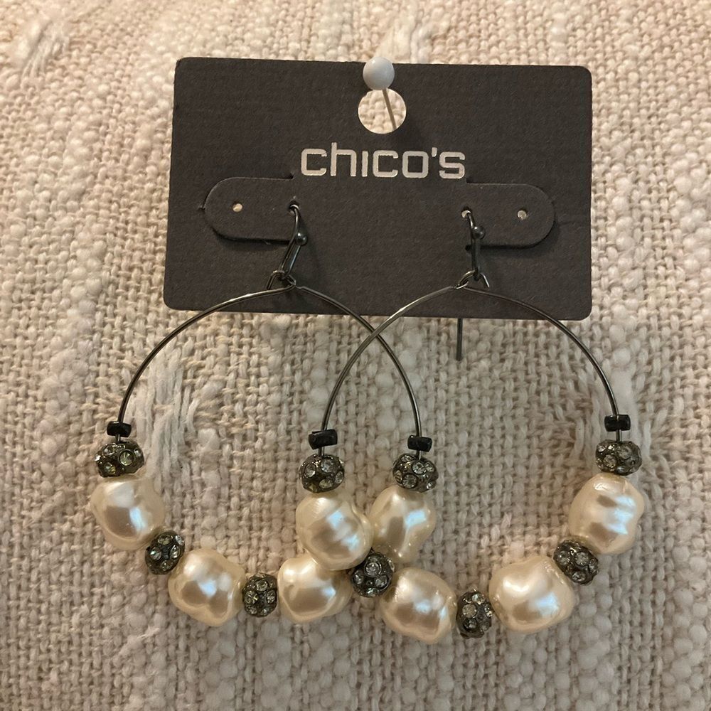 0152-Chico's Cream and Silver Beaded Hoop Earrings